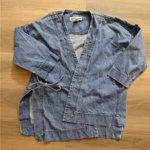 Caron Callahan Blue Denim Wrap Top